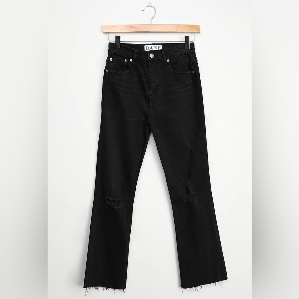 DAZE SHY GIRL BLACK HIGH-WAISTED DISTRESSED CROPPED FLARE JEANS